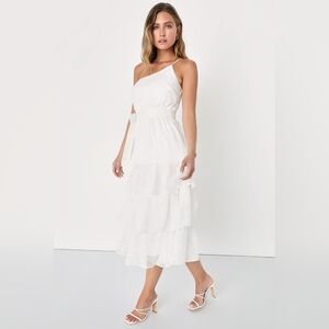Lulus | White One-Shoulder Embroidered Midi Dress | Ruffle Tiered A-Line